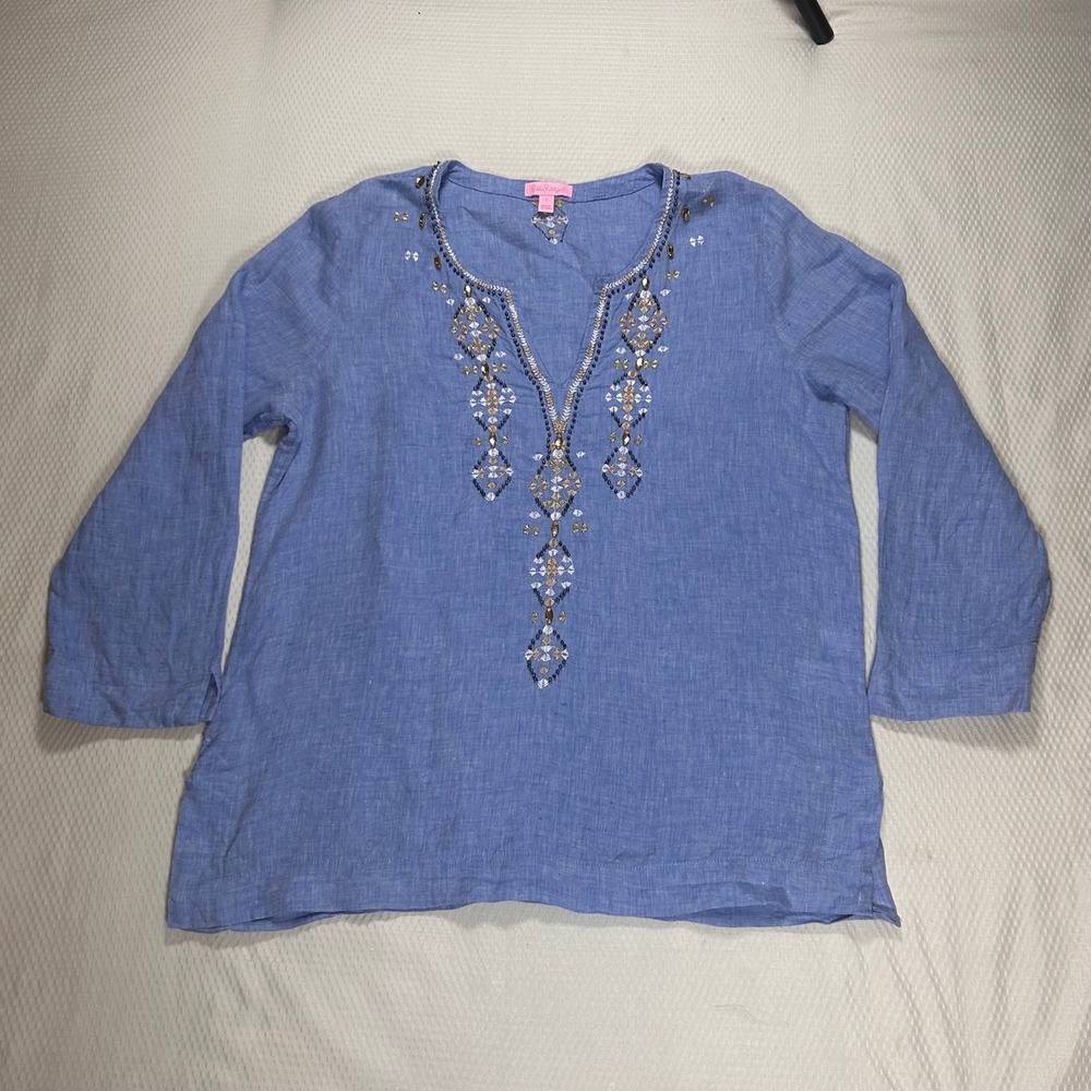 Lilly Pulitzer Blue 100% Linen Beaded Embroidered Tunic Top Womens L 29431